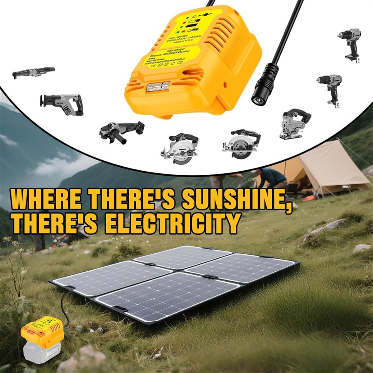 Usb Charger Dynamo - Dewalt 20V/60V Pil için Güneş Enerjili